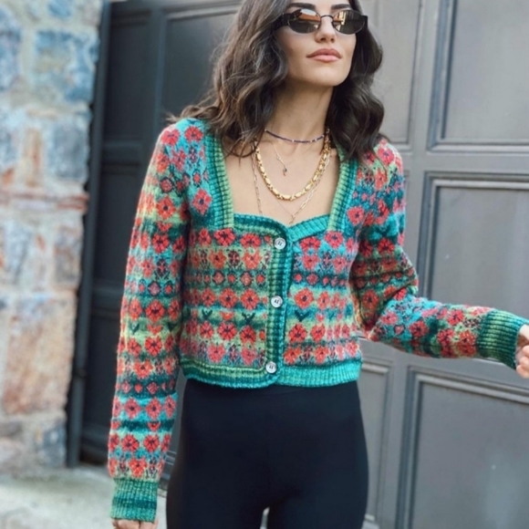 Zara Green Jacquard Knit Sweater 